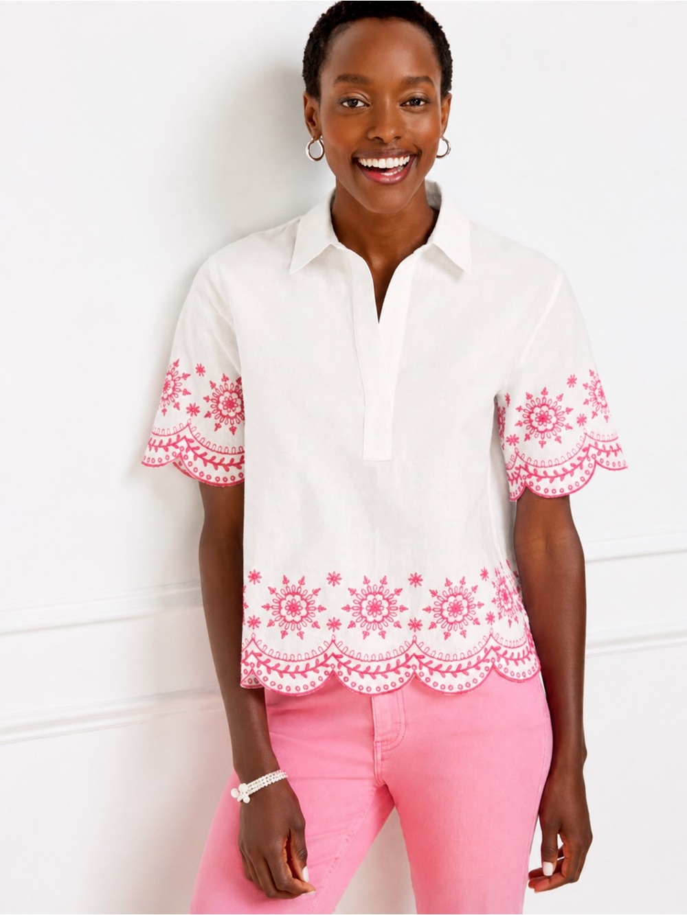 Talbots Embroidered Linen Cotton Scallop Medallion Shirt XL NWT